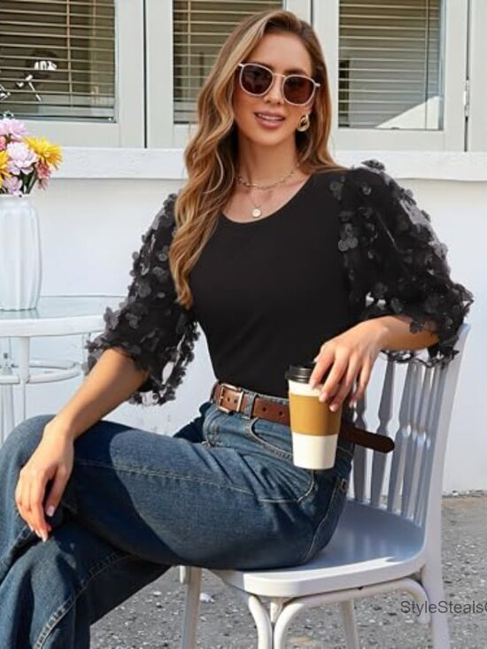 Cotton Blend 3/4 Puff Sleeve Crew Neck Blouse with Mesh Appliques - Picture 3 of 6